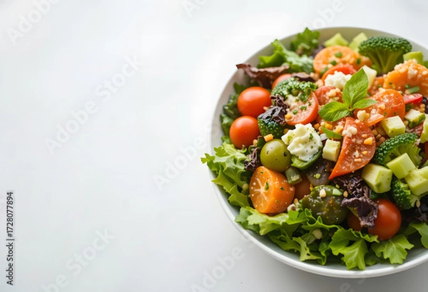 Fototapeta A vibrant, colorful salad with fresh vegetables in a sleek white bowl, perfect for a healthy lifestyle.