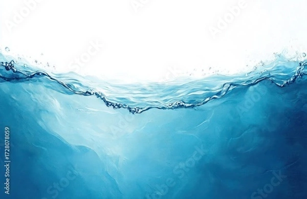 Fototapeta Close-up view of clear blue water surface with small splashes and bubbles under bright light on white background