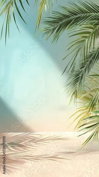 Fototapeta A serene tropical scene featuring lush palm fronds against a soft blue sky, casting gentle shadows on pristine white sand.