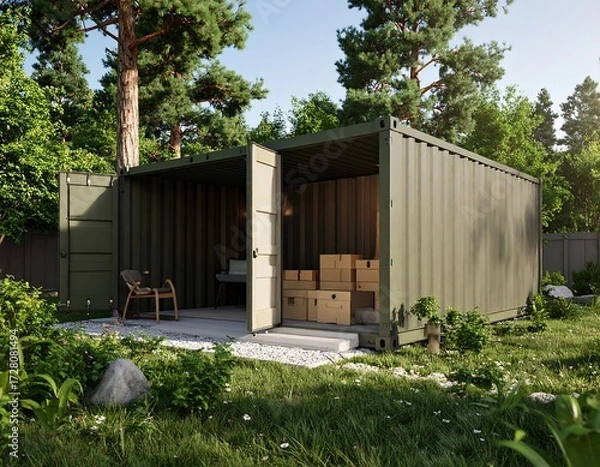Fototapeta Converted shipping container home in a garden setting