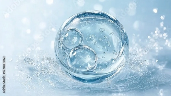 Fototapeta A close-up of a transparent, spherical object with internal bubbles, set against a soft, glowing blue background with scattered light reflections.
