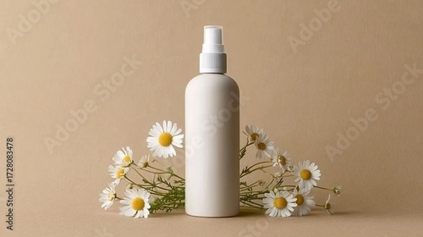 Fototapeta A minimalist white spray bottle surrounded by delicate chamomile flowers on a soft beige background.