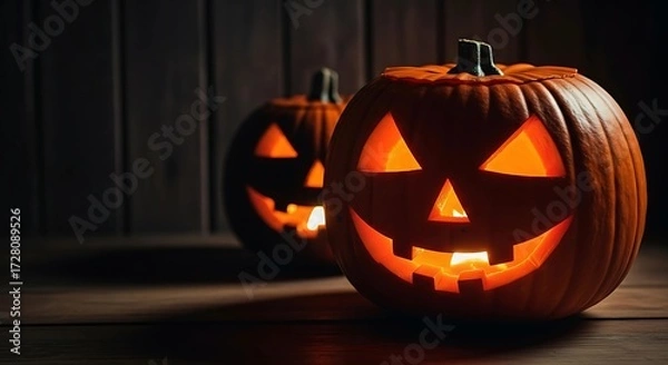 Obraz A Glowing Jack O’Lantern Pumpkins on Wooden Table a Spooky Halloween Decoration with Candle Light