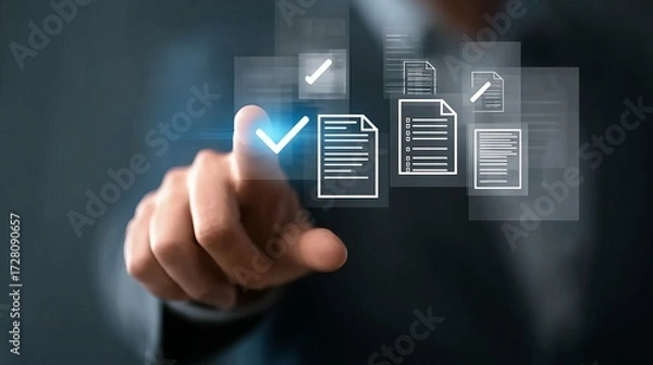 Fototapeta A person interacts with a digital interface, selecting documents from a virtual display, symbolizing modern data management and digital workflow.