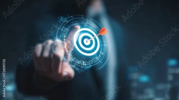 Fototapeta A person interacts with a digital target interface, symbolizing precision and strategic focus in a modern, tech-driven environment.