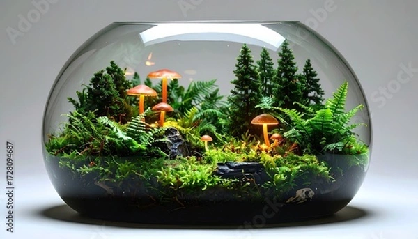 Obraz Enchanted Forest Terrarium: A Magical Miniature Landscape with Glowing Mushrooms and Lush Greenery

