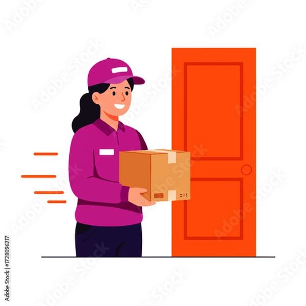 Obraz A cheerful delivery woman in a pink uniform holds a cardboard box in front of a bright orange door, indicating fast delivery.