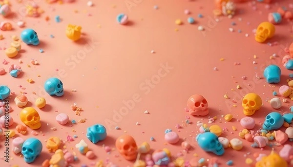 Fototapeta Colorful Candy Skulls and Small Sweets on Pink Background Day of the Dead Halloween Background