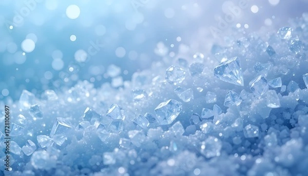 Fototapeta Close Up Background of Shining Glittering Cold Ice and Diamond Crystals on Blue Snow