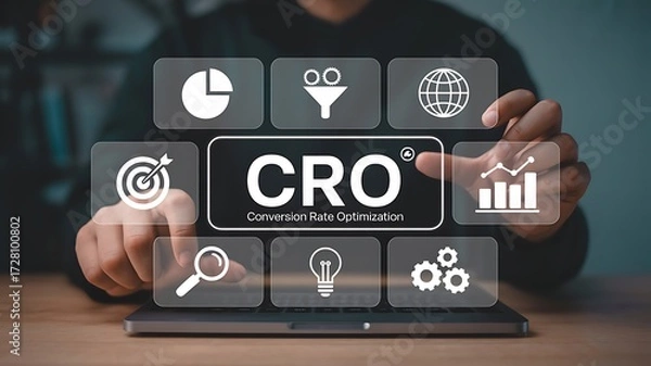 Fototapeta Conversion rate optimization cro concept visualized on a laptop screen with digital icons and a businessman.