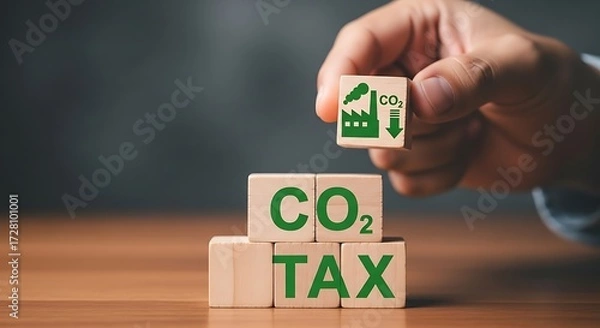 Fototapeta Co2 tax concept with wooden blocks and factory icon for carbon emission