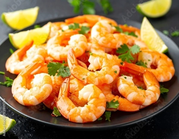 Fototapeta Cooked shrimp on a dark plate with lime slices