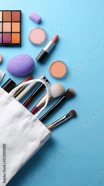 Fototapeta A vibrant assortment of makeup essentials spills from a white bag onto a bright blue background, featuring brushes, eyeshadow palettes, lipsticks, and sponges.