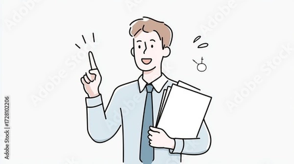 Fototapeta A cheerful man in a suit holds documents and points upward, suggesting an idea or solution.