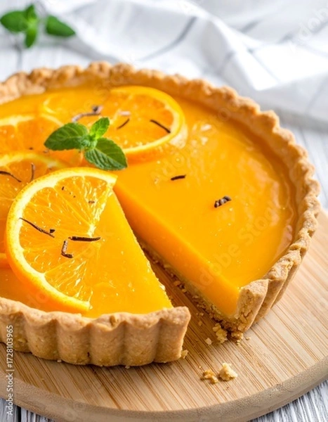 Obraz Orange tart sliced on wooden board