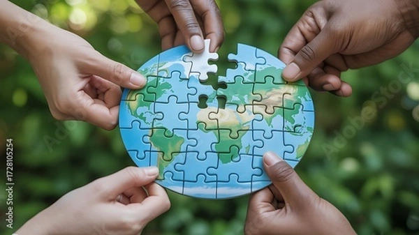 Fototapeta Diverse hands assembling a globe puzzle symbolizing global unity and environmental awareness in nature