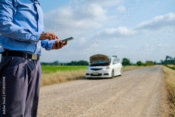 Fototapeta A man stands using his mobile phone to call for help because his car broke down on a dirt road far from his house.