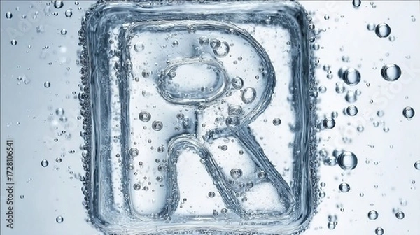 Fototapeta A close-up of a transparent, water-filled letter 'R' surrounded by bubbles, creating a refreshing and dynamic visual effect.