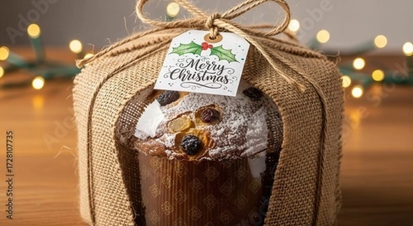Fototapeta Christmas panettone gift wrapped in rustic burlap with tag reading Merry Christmas and festive lights.