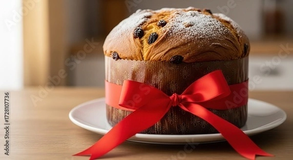 Fototapeta Delicious panettone with powdered sugar and red ribbon on plate, festive holiday dessert.