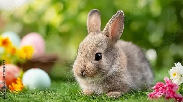 Fototapeta A fluffy brown bunny rests on vibrant green grass surrounded by colorful Easter eggs and blooming flowers, capturing a serene springtime scene.