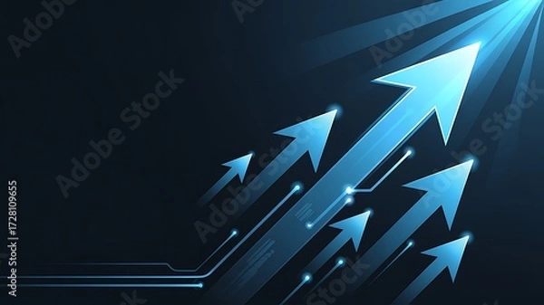 Fototapeta Futuristic digital growth concept showing upward arrows with illuminated rays representing expansion and technological advancement