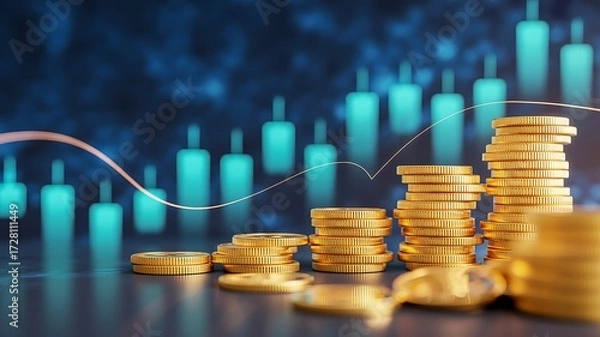 Fototapeta Golden coins arranged in stacks with a financial graph rising in the background symbolizing growth and success.