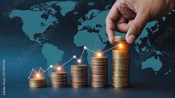 Fototapeta Hand adding coins to stacks representing financial growth and global investment potential with world map backdrop
