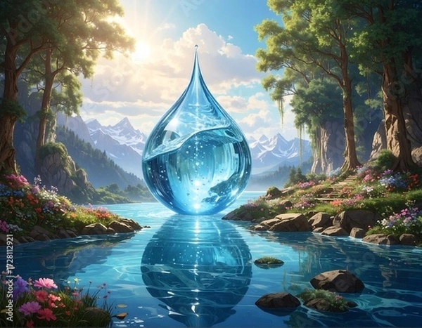 Fototapeta Serene Mountain Lake with a Pristine Water Droplet