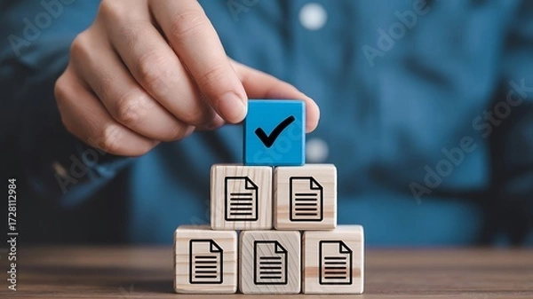 Fototapeta Hand placing check mark cube on a pyramid of document cubes illustrating process completion and verification