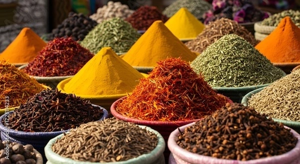 Fototapeta Colorful array of spices in various bowls