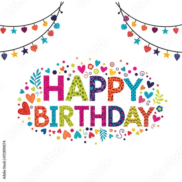 Fototapeta Colorful and decorative happy birthday greeting with festive string lights.