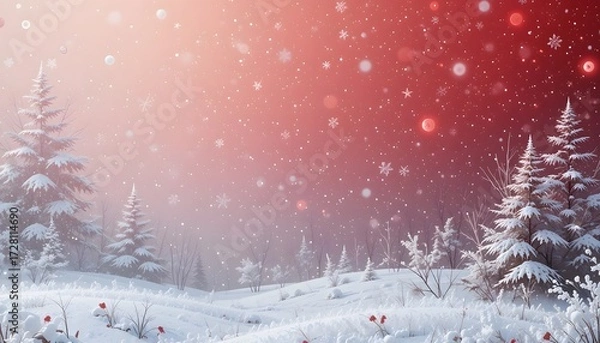 Fototapeta Christmas Background of Snowy Winter Forest Landscape with Snow Covered Trees and Red Glowing Sky