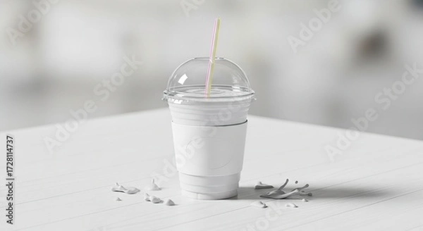 Fototapeta Blank white plastic cup with dome lid and straw, isolated mockup for branding design.
