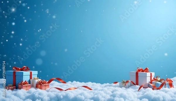 Fototapeta Christmas Gift Boxes of Various Sizes Wrapped with Red Ribbon on Snow Field and Snowflakes on Blue Background