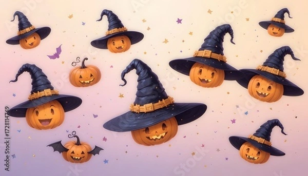 Fototapeta Halloween Background with Flying Pumpkins Wearing Witch Hats of Various Expressions
