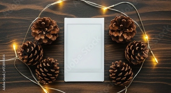 Fototapeta Blank instant photo frame surrounded by pine cones and string lights on wooden background.