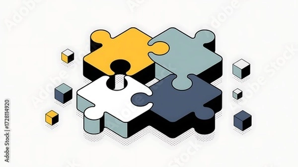 Fototapeta Illustration of four connected puzzle pieces representing teamwork cooperation and problem solving concept in a creative manner