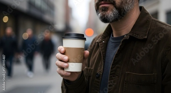 Fototapeta A man enjoys coffee while walking