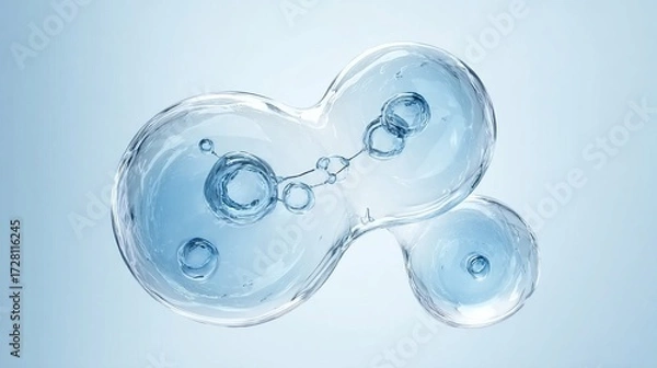 Fototapeta Transparent, interconnected bubbles with molecular structures on a soft blue background, evoking a scientific or cellular theme.