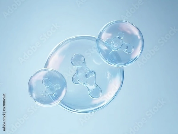 Fototapeta A close-up view of transparent, spherical objects with internal molecular structures against a soft blue background.