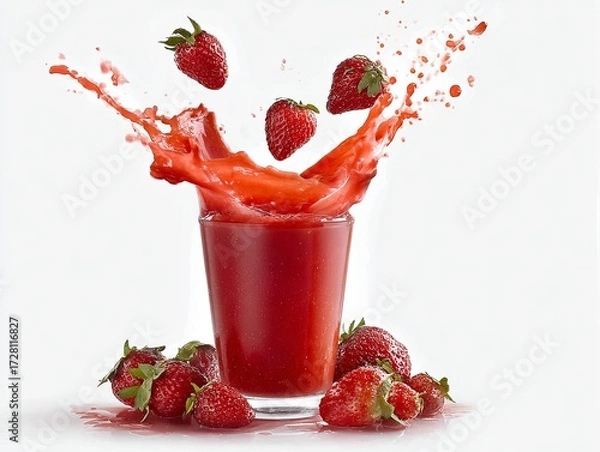 Fototapeta Strawberries splashing into a glass of vibrant red juice, creating a dynamic and refreshing visual against a clean white background.