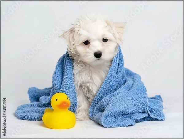 Fototapeta Adorable puppy wrapped in a blue towel, accompanied by a yellow rubber duck on a white background.