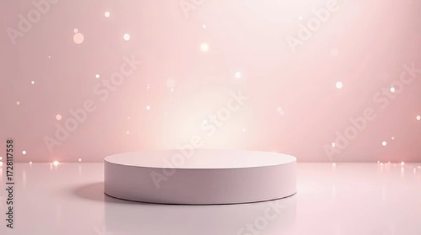 Fototapeta Minimal pink podium with round pedestal and glowing bokeh lights, background for product presentation, cosmetics, fashion or branding design