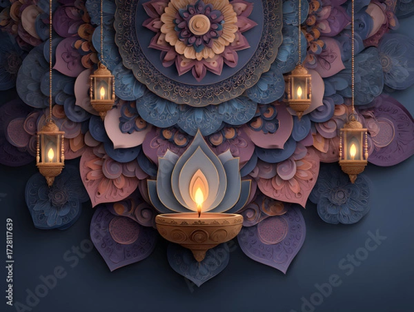Fototapeta Diwali festival of lights holiday design with paper cut style of Indian Rangoli and hanging diya - oil lamp. Place for text. Vector illustration.