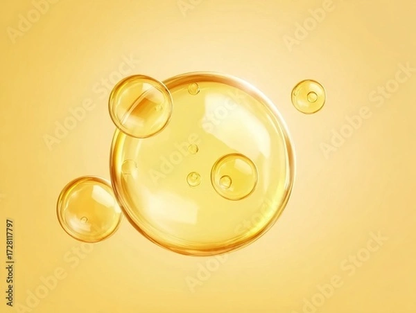 Fototapeta A close-up view of golden, translucent liquid bubbles floating against a warm yellow background, showcasing their reflective surfaces and varying sizes.