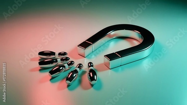 Fototapeta Metallic horseshoe magnet attracting bowling pins against gradient background conceptualizing force and attraction
