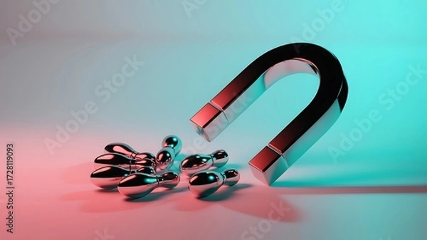 Fototapeta Metallic horseshoe magnet attracting small metal objects with beautiful gradient lighting from teal to pink
