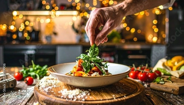 Obraz A chef's hand placing basil over pasta dish