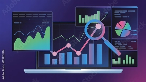 Fototapeta Modern laptop displaying business charts and graphs with magnifying glass representing data analysis and research